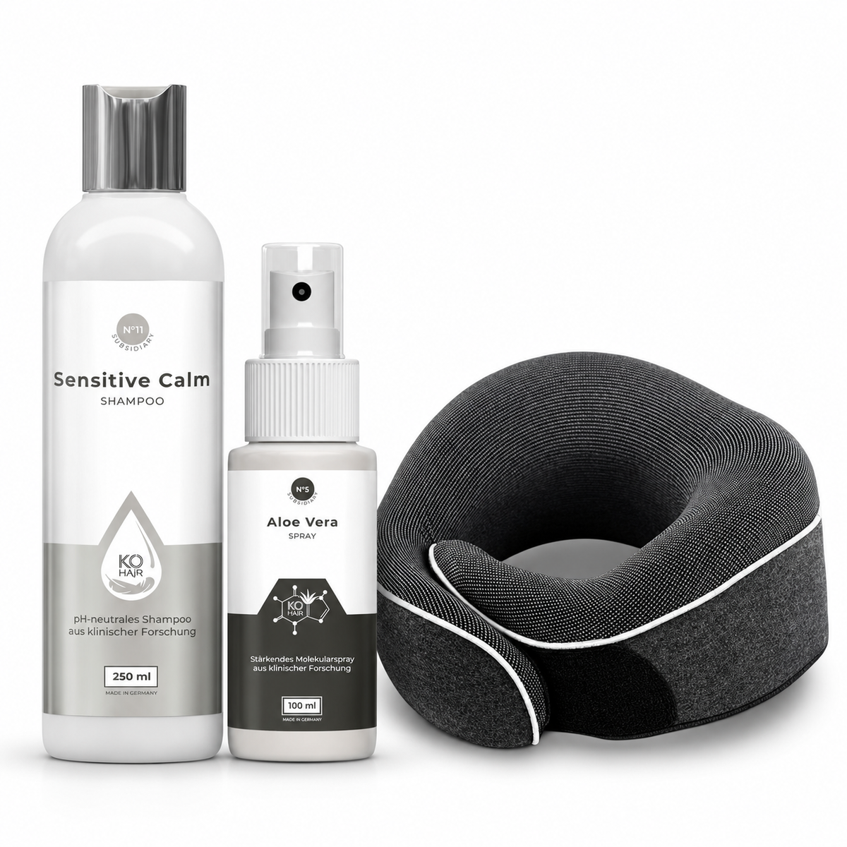 KÖ-HAIR Komfort-Bundle: Sensitive Calm Shampoo 250 ml, Aloe Vera Spray 100 ml und Nackenkissen