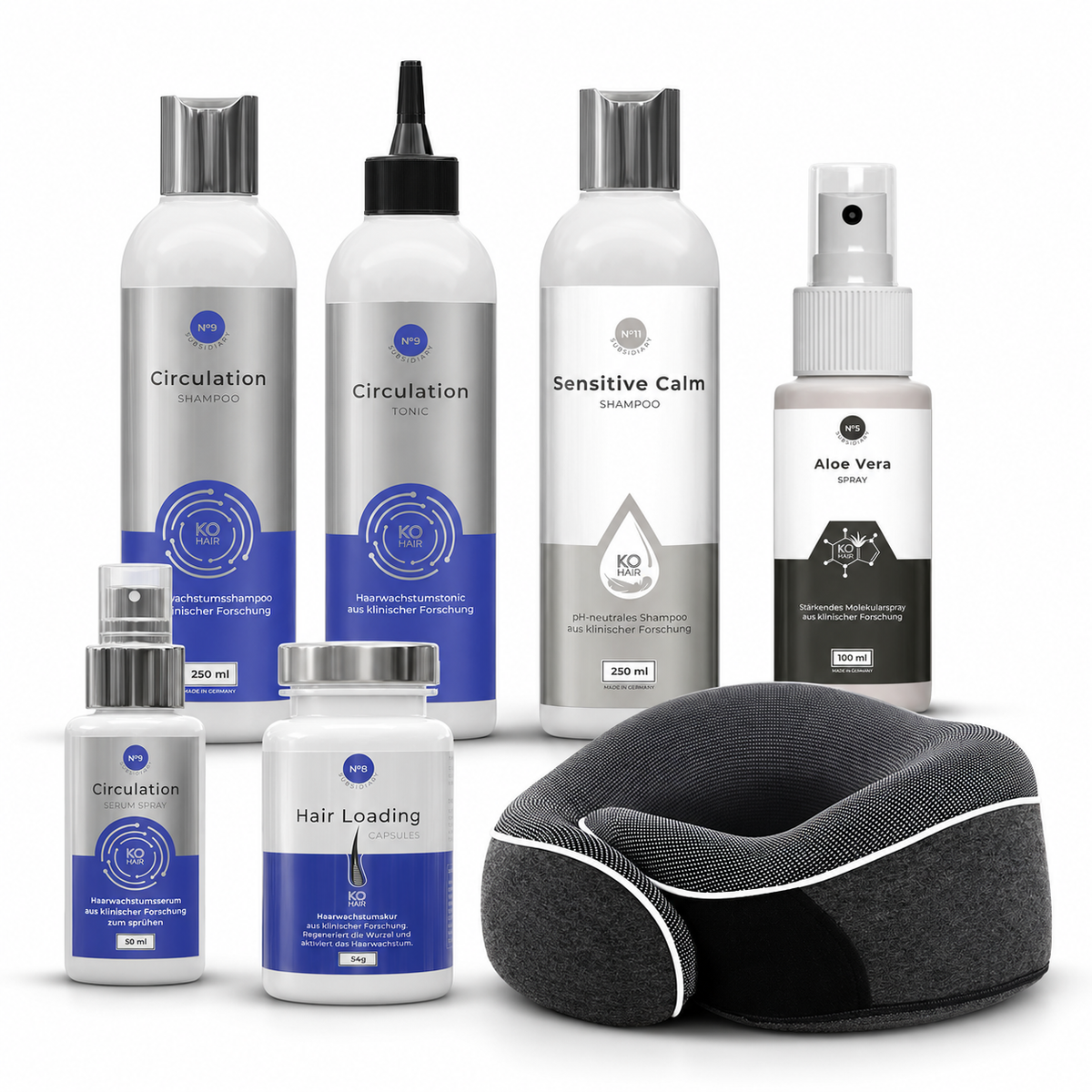 KÖ-HAIR Komplettpaket Basic: je ein Circulation Shampoo, Serum Spray, Tonic, Hair Loading Capsules, Sensitive Calm Shampoo, Aloe Vera Spray und Nackenkissen