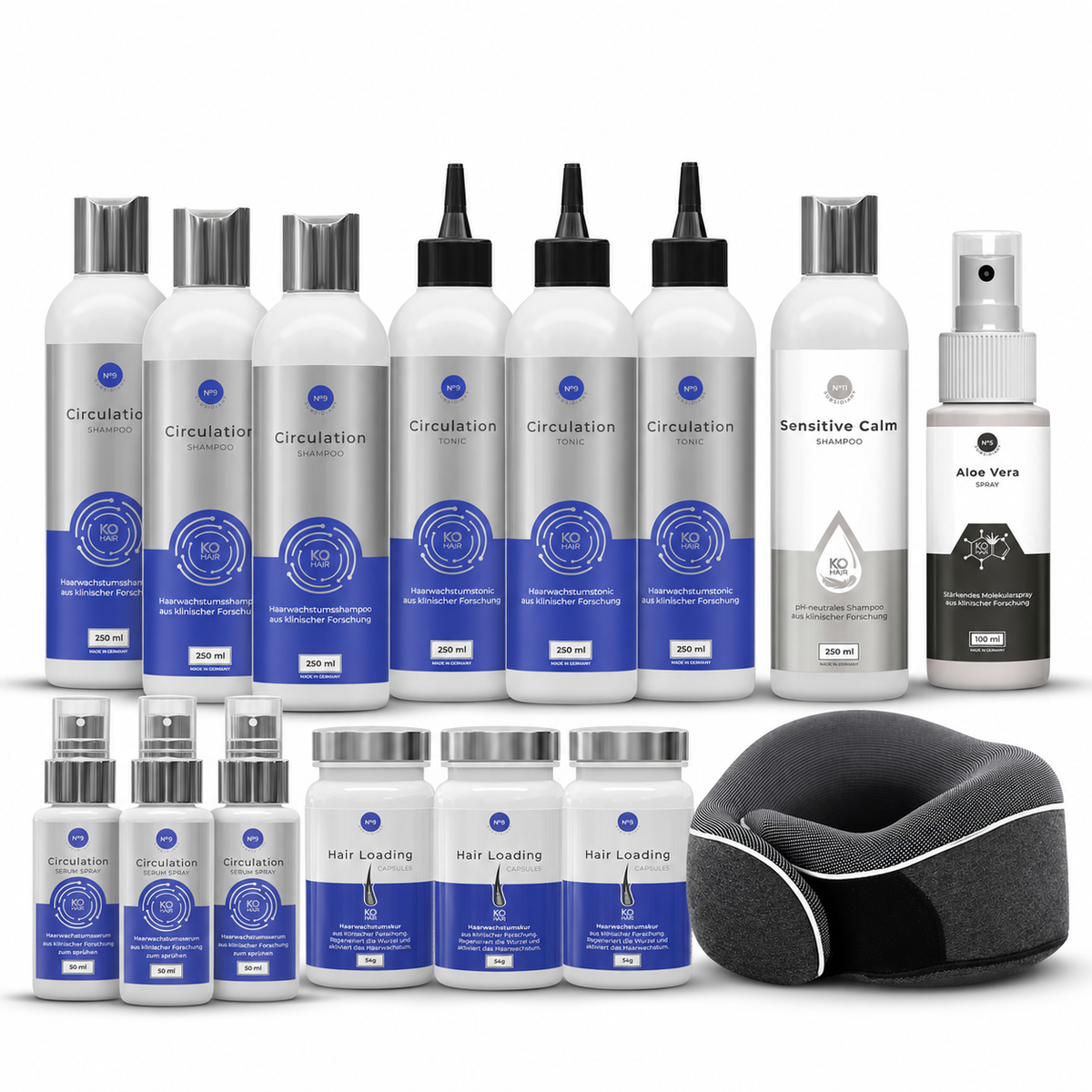KÖ-HAIR Komplettpaket Plus: je drei Circulation Shampoos, Serum Sprays, Tonics und Hair Loading Capsules; je ein Sensitive Calm Shampoo, Aloe Vera Spray und Nackenkissen
