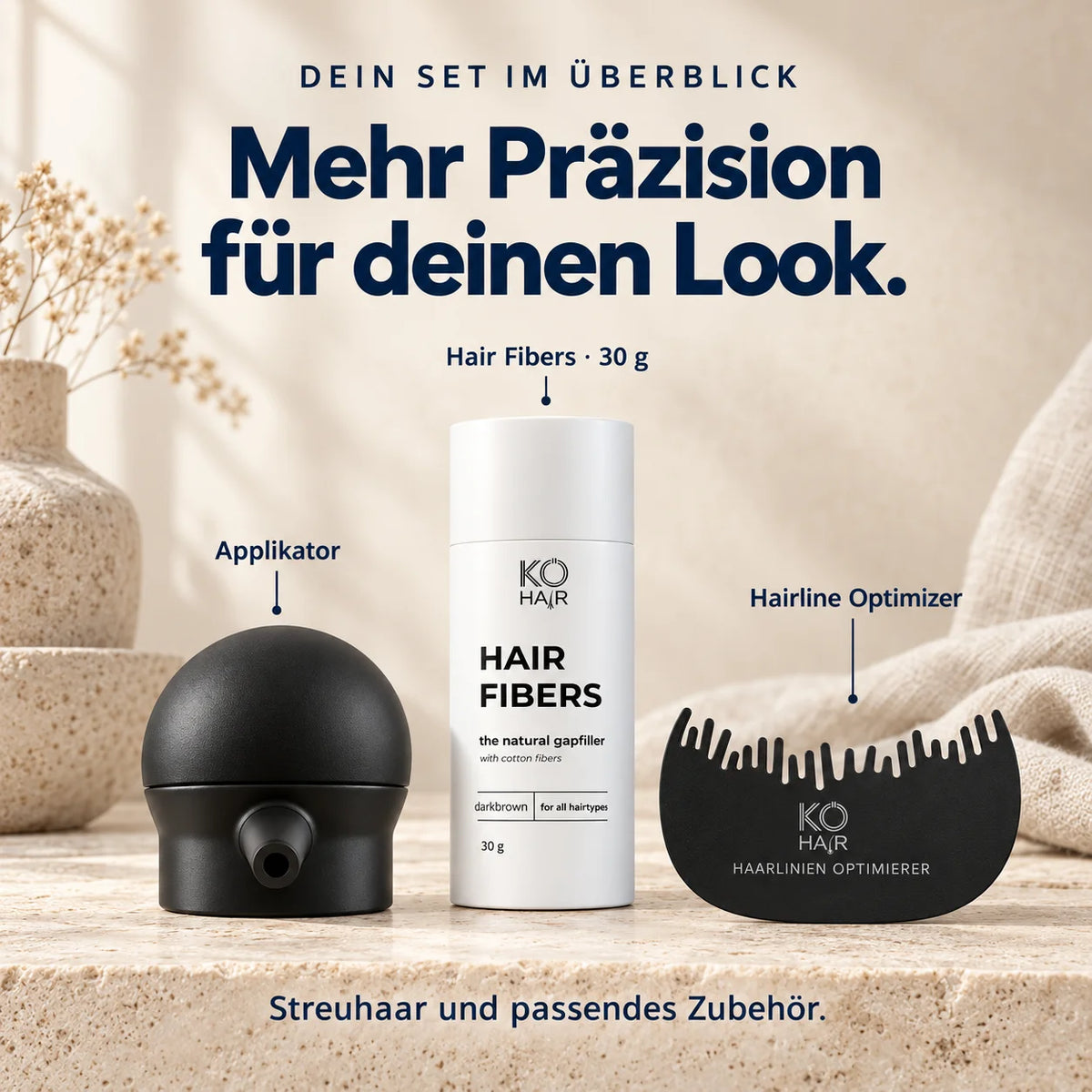 KÖ-HAIR FIBERS 30g Haarverdichter & Streuhaar Komplett-Set mit Applikator & Hairline Optimizer – Setübersicht