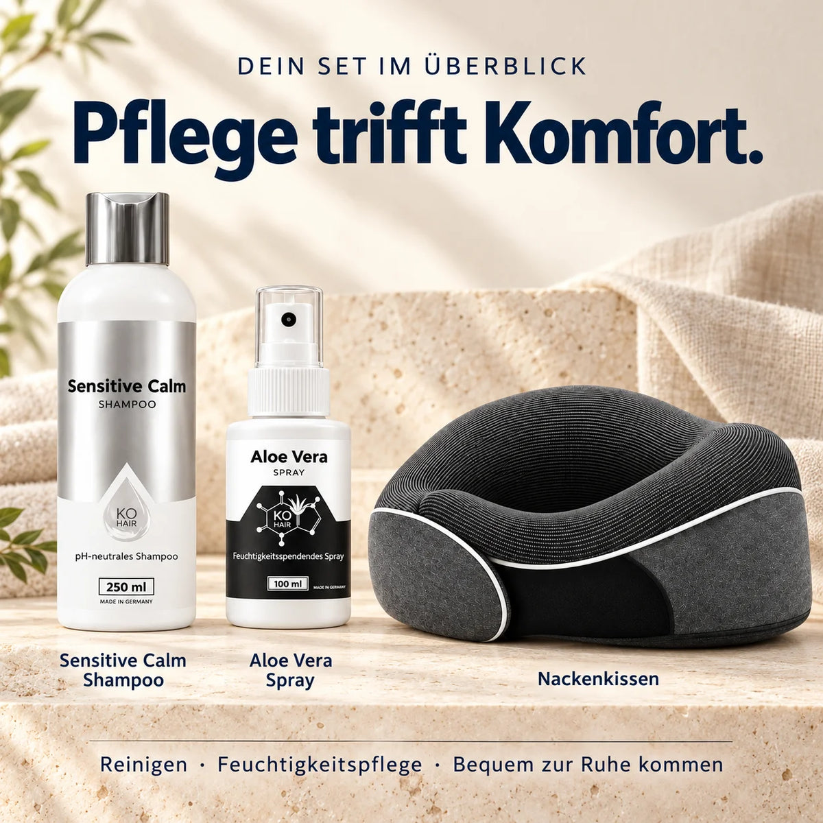 KÖ-HAIR Komfort-Bundle – Sensitive Calm Shampoo, Aloe Vera Spray & Nackenkissen – Setübersicht