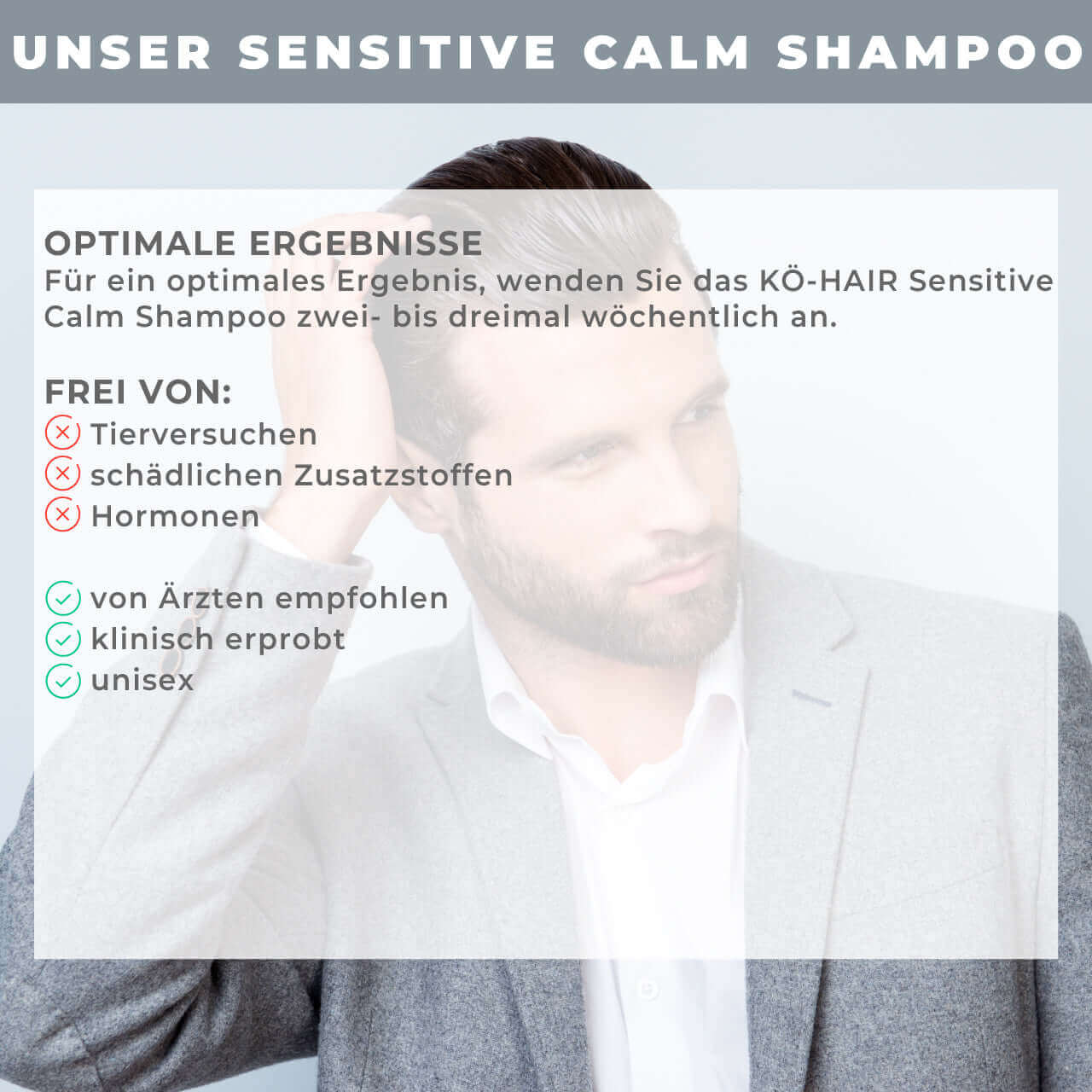 KÖ-HAIR Sensitive Calm Shampoo infographic highlighting benefits and gentleness for sensitive scalps.
