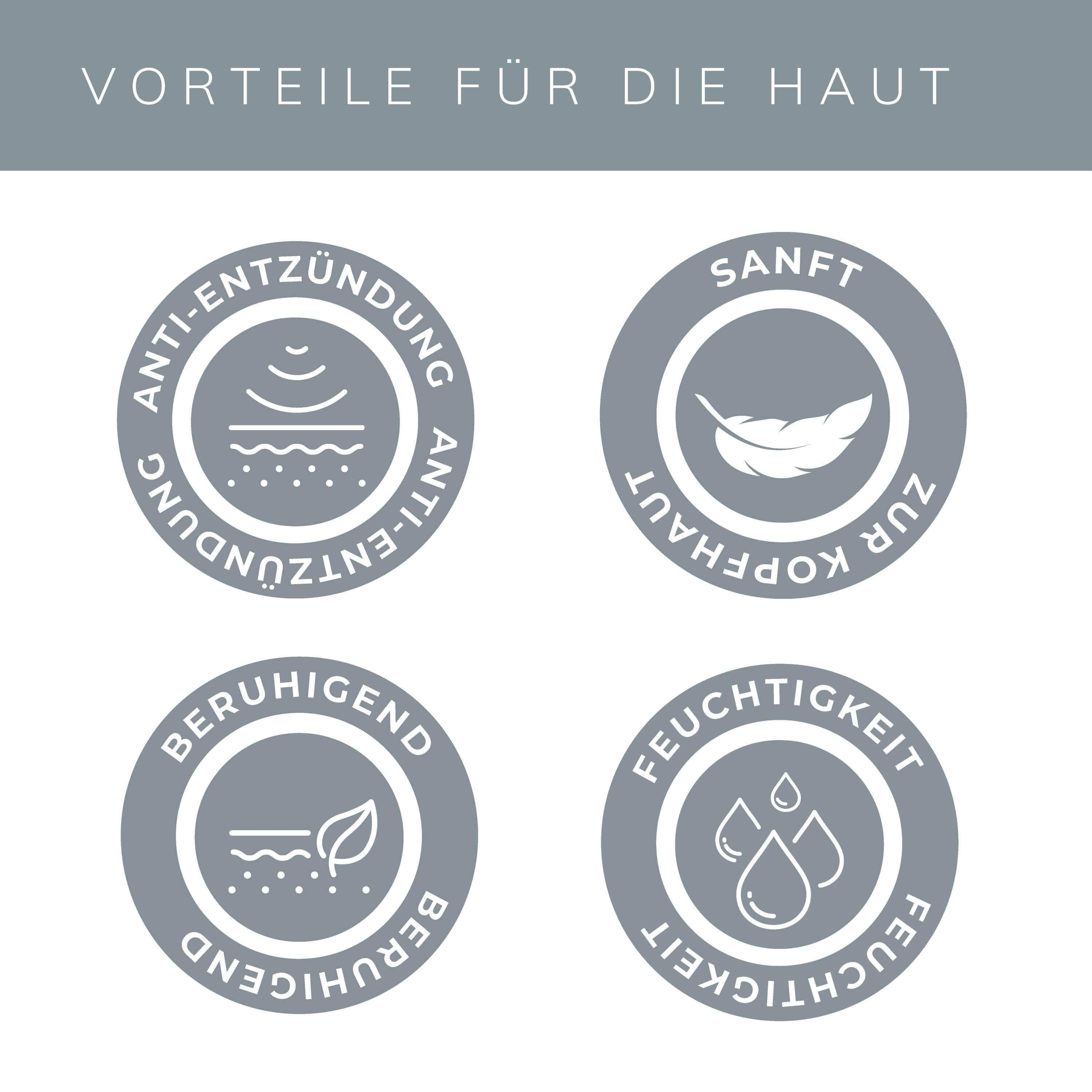 Icons highlighting benefits of KÖ-HAIR Aloe Vera Spray for skin: anti-inflammatory, soothing, moisturizing.