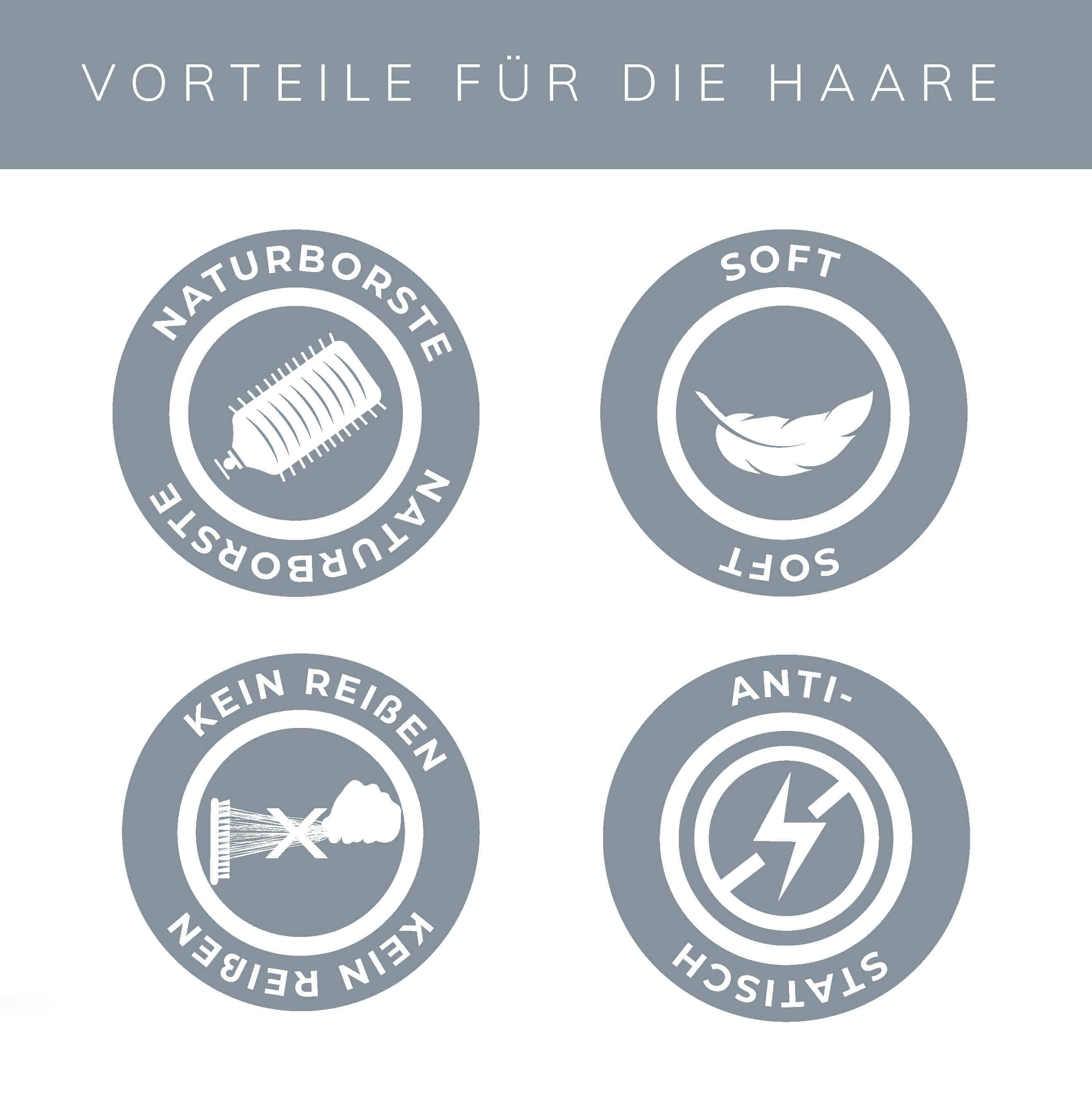 Icons showcasing benefits of Nature Brush: natural bristles, soft touch, no tugging, and anti-static features.